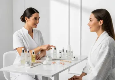 Profesional de estética asesorando a una clienta sobre productos y cuidados personalizados para la piel.