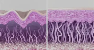 Ilustración en corte de la piel que representa cambios de firmeza y estructura con radiofrecuencia fraccionada.