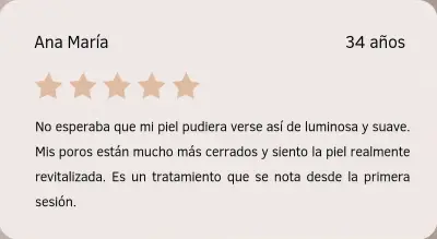 Testimonio de Ana María sobre Vegan Glow Facial Tarjeta con reseña de Ana María sobre su experiencia con Vegan Glow Facial en Depidi.