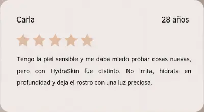 Testimonio de Carla sobre HydraSkin Tarjeta con reseña de Carla sobre su experiencia con el tratamiento HydraSkin en Depidi.