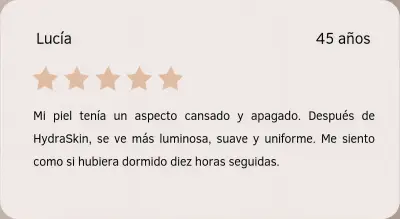 Testimonio de Lucía sobre HydraSkin Tarjeta con reseña de Lucía sobre su experiencia con el tratamiento HydraSkin en Depidi.