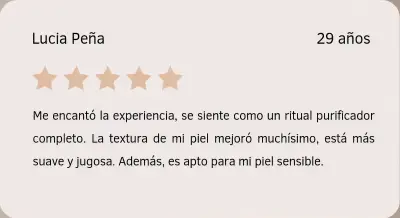 Testimonio de Lucía Peña sobre Vegan Glow Facial Tarjeta con reseña de Lucía Peña sobre su experiencia con Vegan Glow Facial en Depidi.