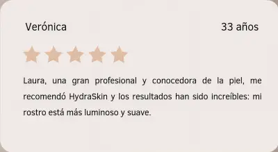 Testimonio de Verónica sobre HydraSkin Tarjeta con reseña de Verónica sobre su experiencia con el tratamiento HydraSkin en Depidi.