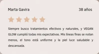 Testimonio de Marta Gavira sobre Vegan Glow Facial Tarjeta con reseña de Marta Gavira sobre su experiencia con Vegan Glow Facial en Depidi.