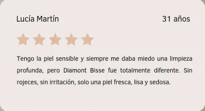 Testimonio de Lucía Martín sobre Diamont Bisse Tarjeta con reseña de Lucía Martín sobre su experiencia con un tratamiento Diamont Bisse en Depidi.