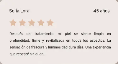 Testimonio de Sofía Lora sobre Vegan Glow Facial Tarjeta con reseña de Sofía Lora sobre su experiencia con Vegan Glow Facial en Depidi.