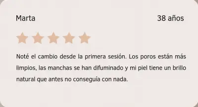 Testimonio de Marta sobre HydraSkin Tarjeta con reseña de Marta sobre su experiencia con el tratamiento HydraSkin en Depidi.