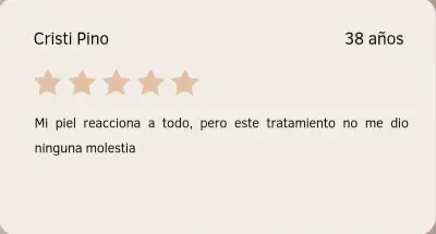 Testimonio de Cristi Pino sobre Piel en Equilibrio Tarjeta con reseña de Cristi Pino sobre su experiencia con el tratamiento Piel en Equilibrio en Depidi.