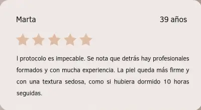 Tarjeta con reseña de Marta sobre su experiencia con el tratamiento Orchidée Royale en Depidi.