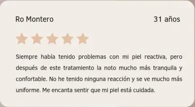 Testimonio de Ro Montero sobre Piel en Equilibrio Tarjeta con reseña de Ro Montero sobre su experiencia con Piel en Equilibrio en Depidi.