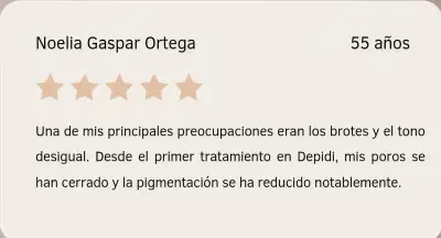 Testimonio de Noelia Gaspar Ortega sobre Microneedling Dermapen Tarjeta con reseña de Noelia Gaspar Ortega sobre su experiencia con Microneedling Dermapen en Depidi.
