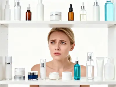 Mujer frente a numerosos productos cosméticos como referencia al asesoramiento personalizado de Beauty Coach.
