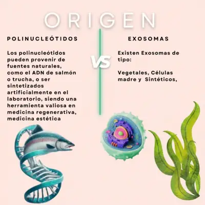 Infografía que compara el origen de los polinucleótidos PDRN y los exosomas utilizados en estética.