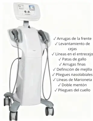 Equipo HIFU acompañado de una lista de zonas faciales que pueden tratarse para mejorar firmeza y líneas de expresión.